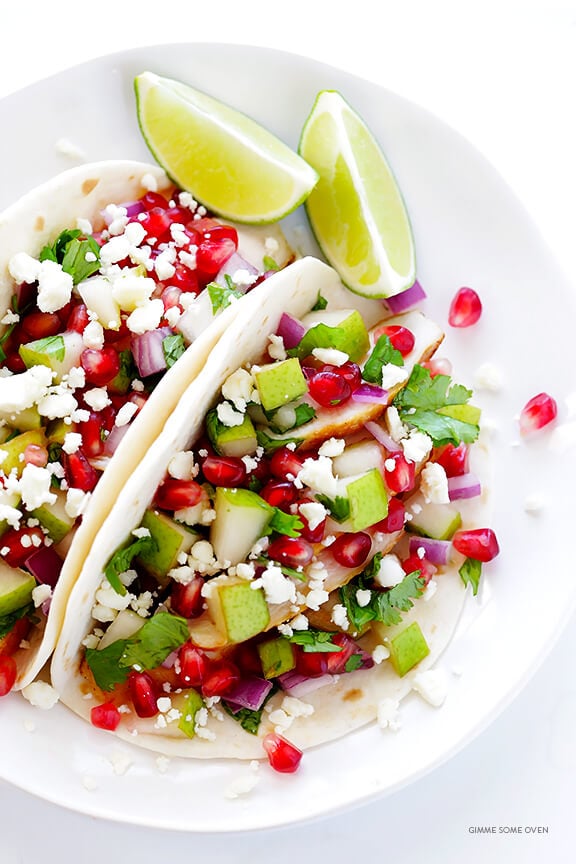 Pear & Pomegranate Tacos (Christmas Tacos) -- easy to make, totally delicious, and so festive! | gimmesomeoven.com