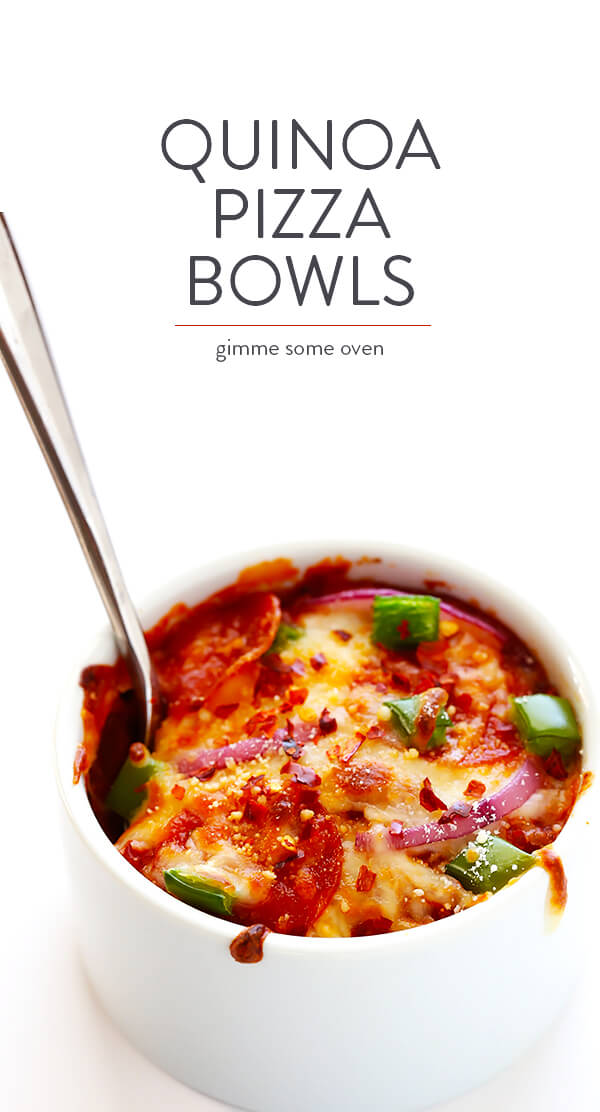 Easy Quinoa Pizza Bowls -- totally easy to customize with your favorite pizza toppings, and SO delicious!! (Bonus, they're also naturally gluten-free!) | gimmesomeoven.com
