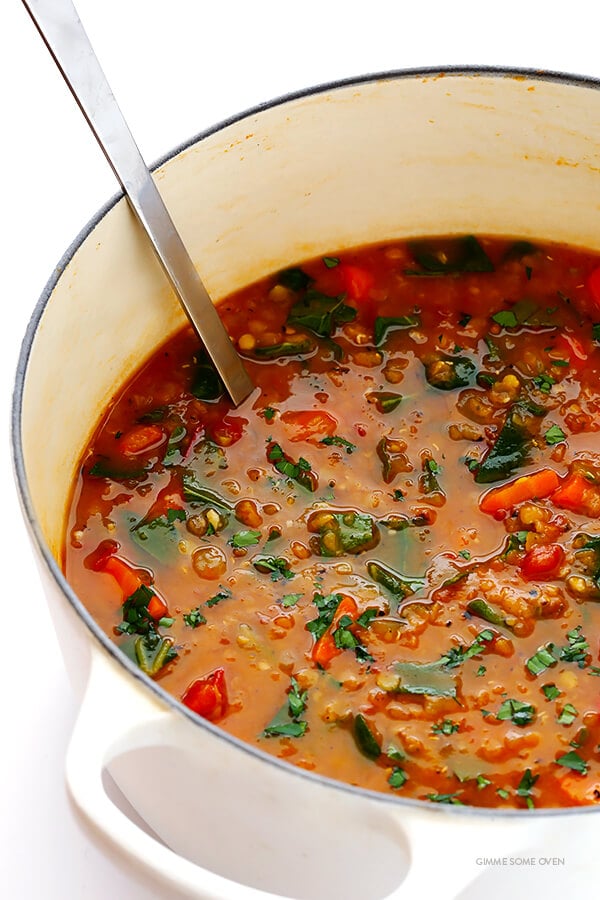 Italian Lentil Soup -- this delicious vegetarian soup is easy to make, and so comforting! Feel free to add in Italian sausage if you'd like extra protein. | gimmesomeoven.com