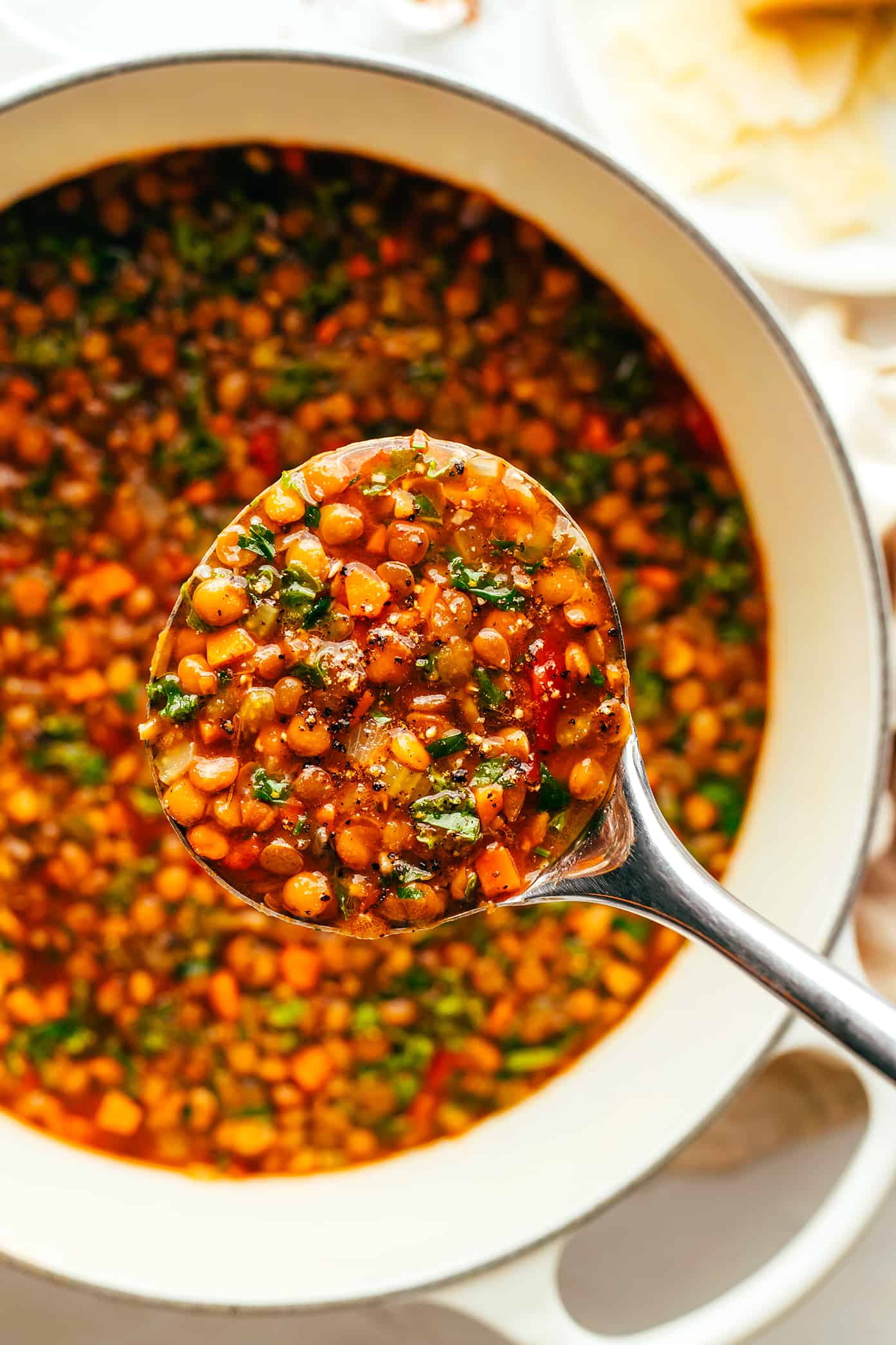 Italian Lentil Soup in Stockpot with Ladle