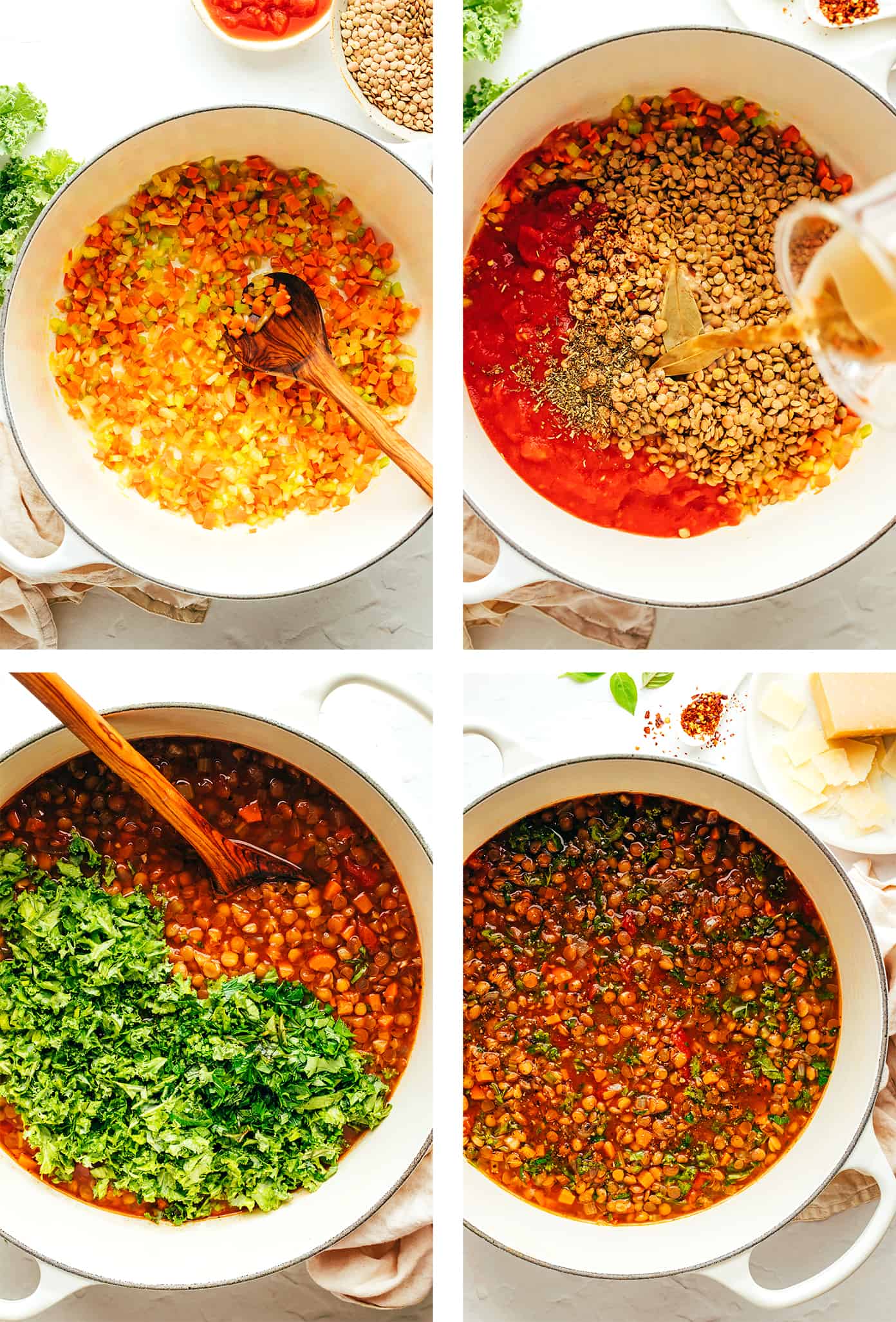 Step by step photo tutorial showing how to make lentil soup