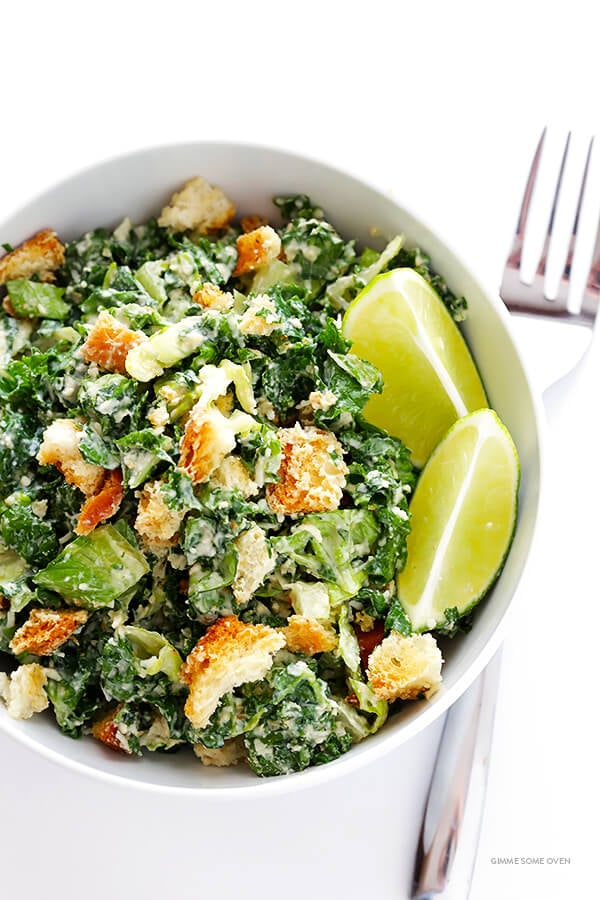 Kale Caesar Salad -- made with a lighter and delicious lime Caesar dressing | gimmesomeoven.com