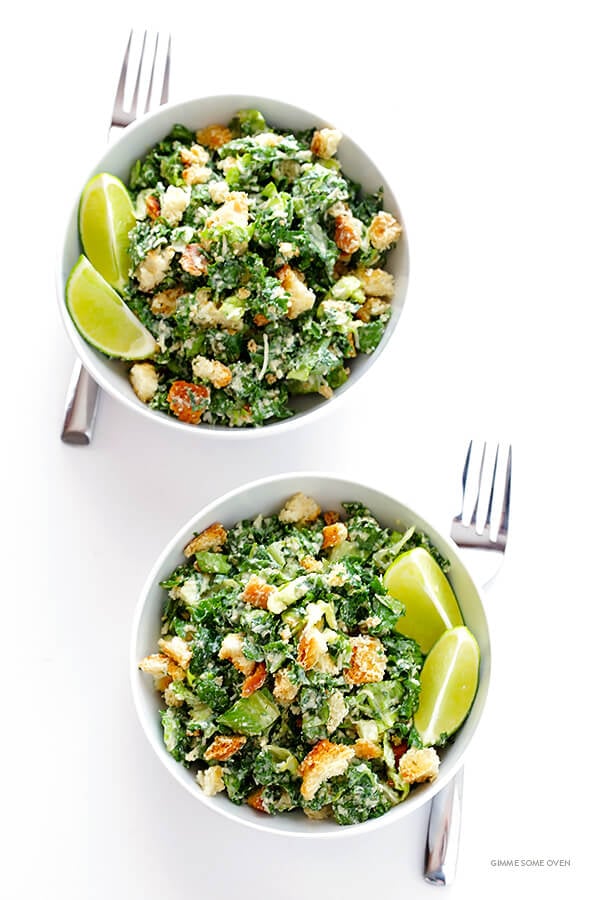 Kale Caesar Salad -- made with a lighter and delicious lime Caesar dressing | gimmesomeoven.com