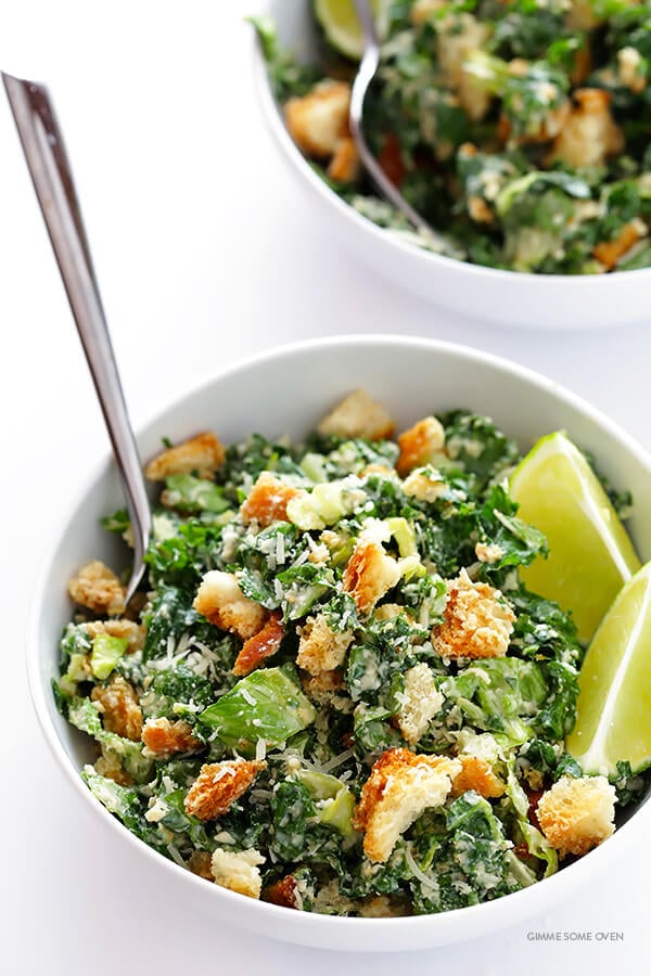 Kale Caesar Salad -- made with a lighter and delicious lime Caesar dressing | gimmesomeoven.com