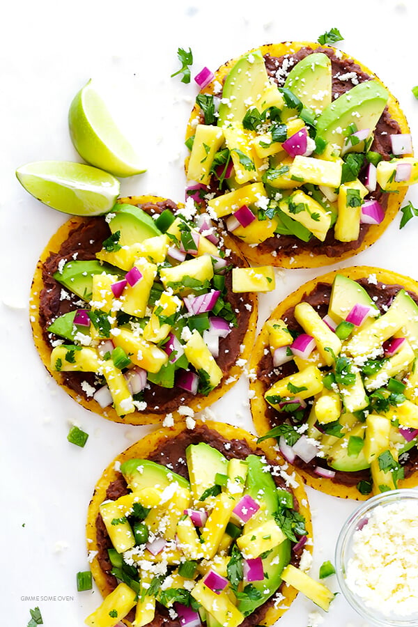 10-Minute Pineapple Black Bean Tostadas -- quick and easy to make, and perfect as an easy vegetarian dinner or snack! | gimmesomeoven.com