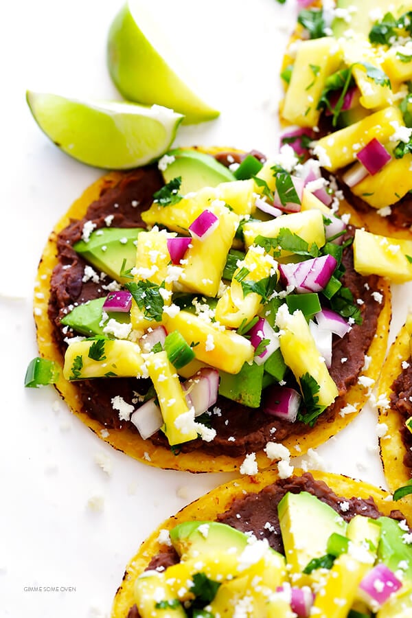 10-Minute Pineapple Black Bean Tostadas -- quick and easy to make, and perfect as an easy vegetarian dinner or snack! | gimmesomeoven.com