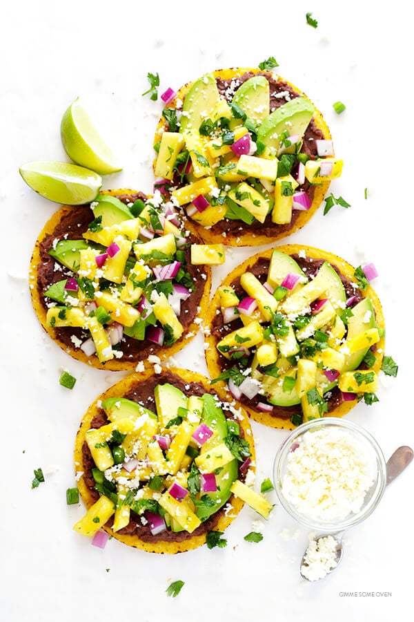 10-Minute Pineapple Black Bean Tostadas -- quick and easy to make, and perfect as an easy vegetarian dinner or snack! | gimmesomeoven.com