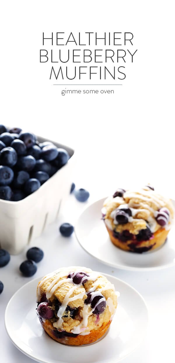 Healthier Blueberry Muffins -- made with white whole wheat flour, naturally sweetened, and SO fluffy and buttery and delicious! | gimmesomeoven.com