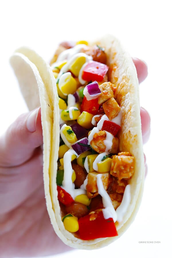 These Chipotle Sofritas (Tofu) Tacos are quick and easy to prepare, and made with a heavenly Mexican chipotle tomato sauce. Plus, they're also naturally gluten-free and vegan! | gimmesomeoven.com