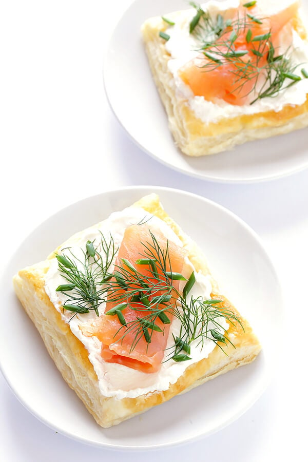 These Smoked Salmon and Cream Cheese pastries are super-easy to make with puff pastry, and they're always a crowd pleaser! | gimmesomeoven.com