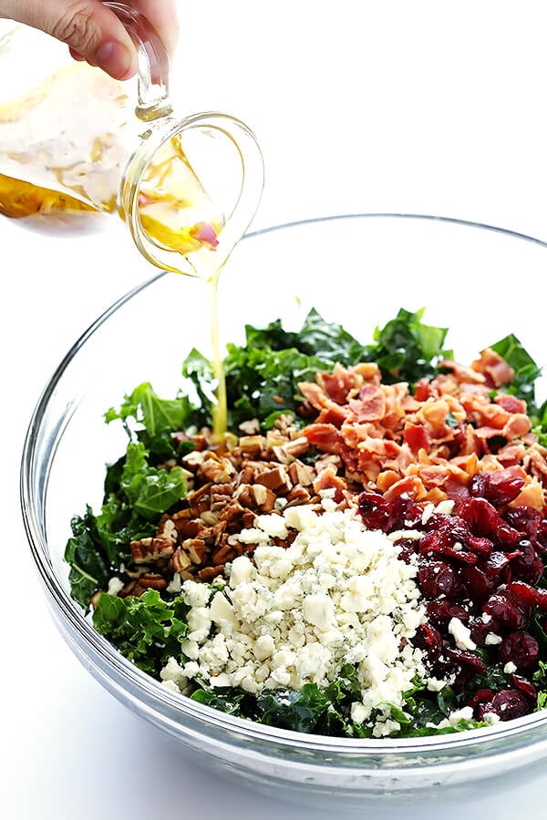 This Kale Salad with Bacon and Blue Cheese is quick and easy to make, tossed with a red wine shallot vinaigrette, and TOTALLY delicious. (Bonus, it holds up for hours in the fridge, if you want to make it ahead of time!) | gimmesomeoven.com