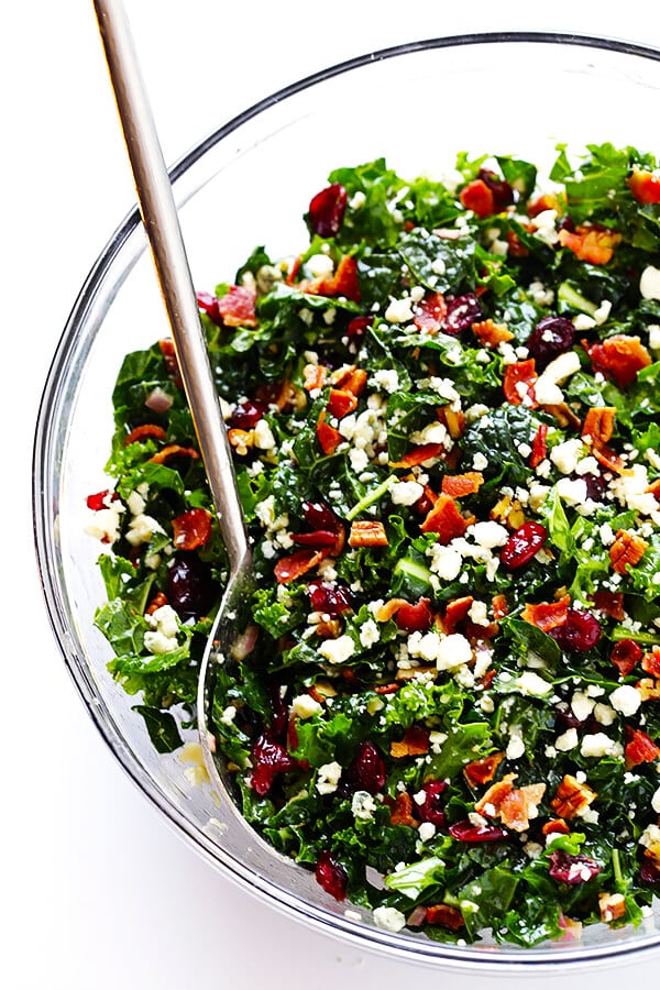 This Kale Salad with Bacon and Blue Cheese is quick and easy to make, tossed with a red wine shallot vinaigrette, and TOTALLY delicious. (Bonus, it holds up for hours in the fridge, if you want to make it ahead of time!) | gimmesomeoven.com