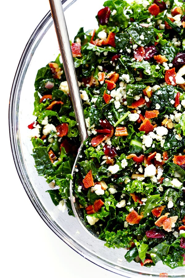 This Kale Salad with Bacon and Blue Cheese is quick and easy to make, tossed with a red wine shallot vinaigrette, and TOTALLY delicious. (Bonus, it holds up for hours in the fridge, if you want to make it ahead of time!) | gimmesomeoven.com