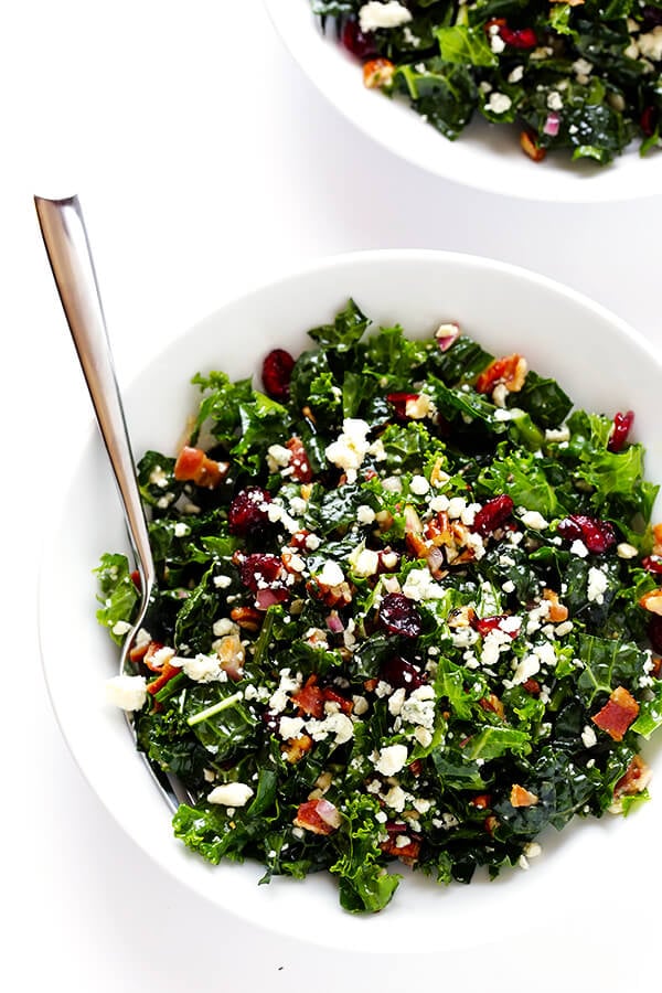 This Kale Salad with Bacon and Blue Cheese is quick and easy to make, tossed with a red wine shallot vinaigrette, and TOTALLY delicious. (Bonus, it holds up for hours in the fridge, if you want to make it ahead of time!) | gimmesomeoven.com