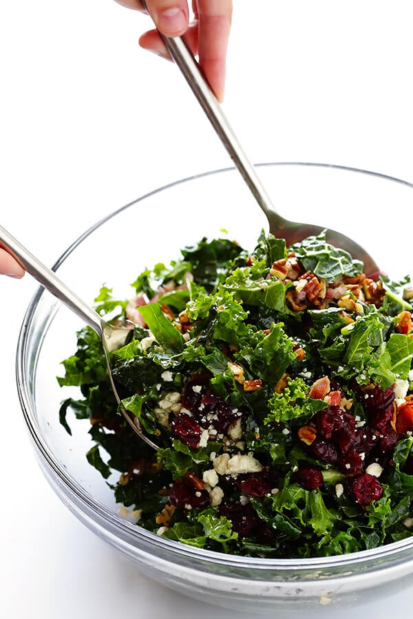 This Kale Salad with Bacon and Blue Cheese is quick and easy to make, tossed with a red wine shallot vinaigrette, and TOTALLY delicious. (Bonus, it holds up for hours in the fridge, if you want to make it ahead of time!) | gimmesomeoven.com