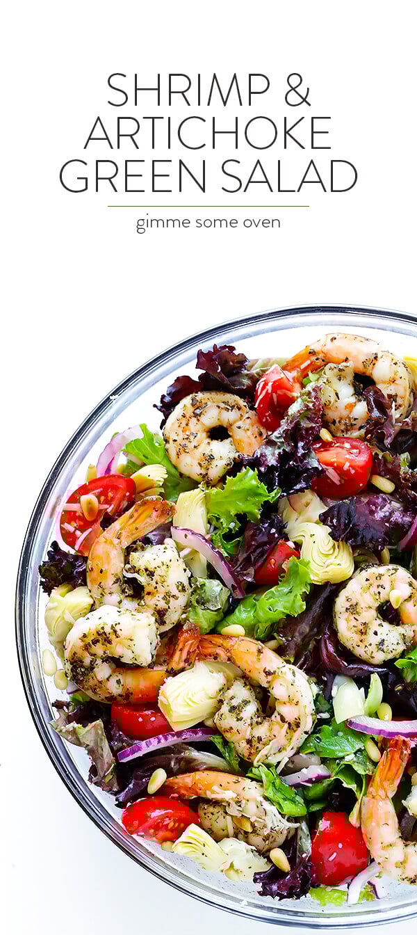 This Shrimp and Artichoke Green Salad is made with easy Italian-herb shrimp, artichoke hearts, tomatoes, pine nuts, and then it's tossed in a zesty lemon vinaigrette. It's one of my all-time favorite salads! | gimmesomeoven.com