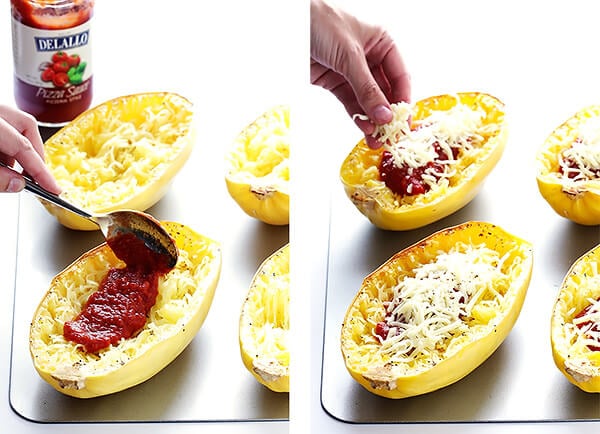 These Pizza Spaghetti Squash Boats are easy to make, fun to customize with your favorite pizza toppings, and absolutely delicious! | gimmesomeoven.com (Gluten-free)