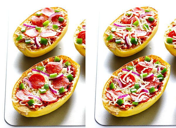 These Pizza Spaghetti Squash Boats are easy to make, fun to customize with your favorite pizza toppings, and absolutely delicious! | gimmesomeoven.com (Gluten-free)