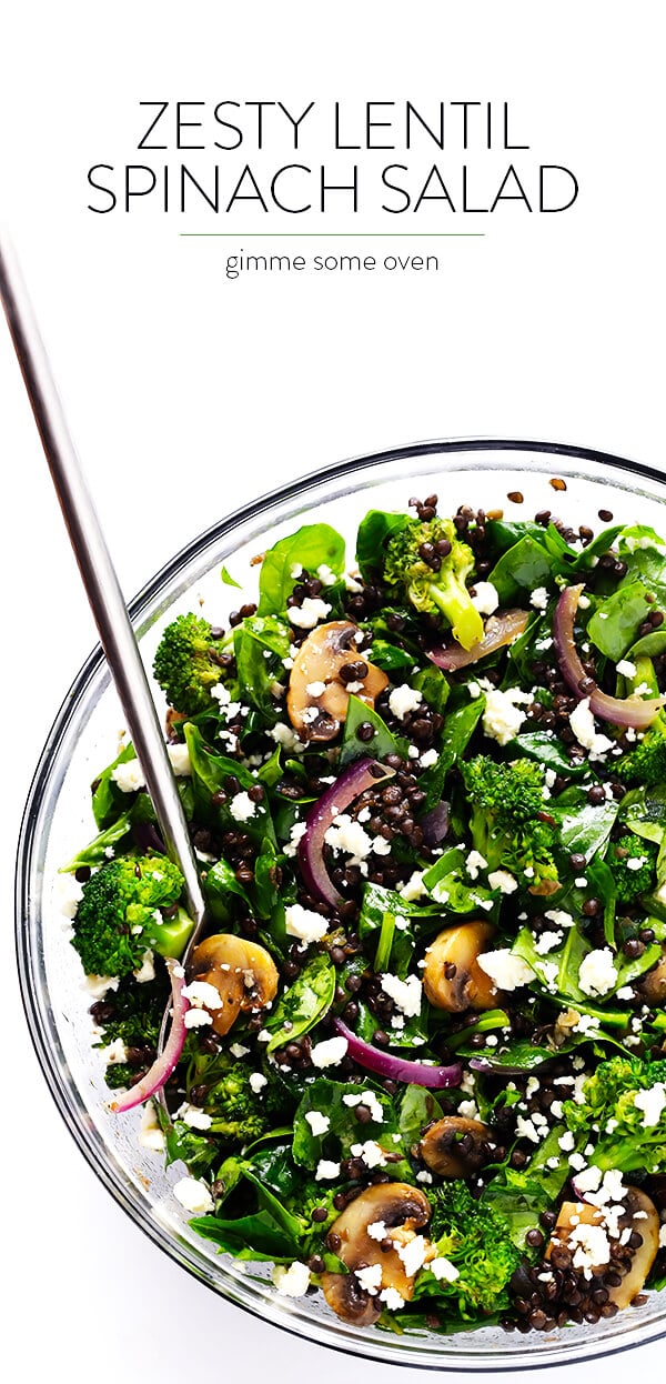 This Zesty Lentil Spinach Salad recipe is ready to go in about 30 minutes, made with hearty lentils, sauteed veggies, lots of fresh spinach, and a tangy lemon dressing. It's SO delicious, and also makes great leftovers! | gimmesomeoven.com (Vegetarian / Gluten-Free)