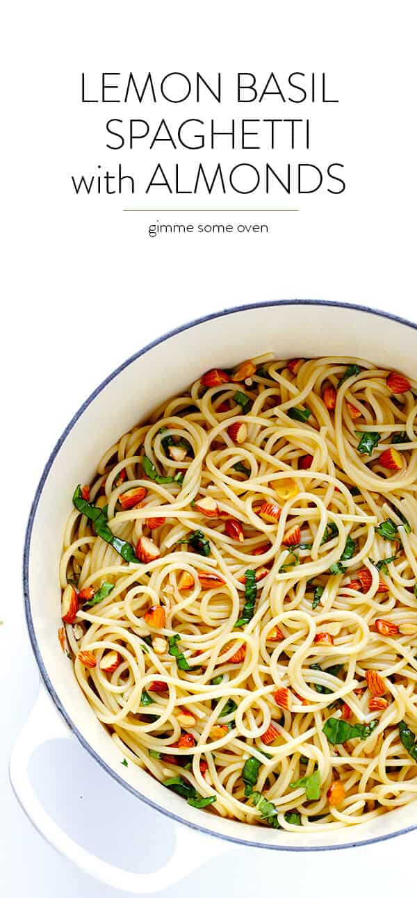 Lemon Basil Spaghetti with Almonds -- quick and easy to make, full of zesty garlic lemon flavor, and topped with a sprinkle of Parmesan. So delicious! | gimmesomeoven.com