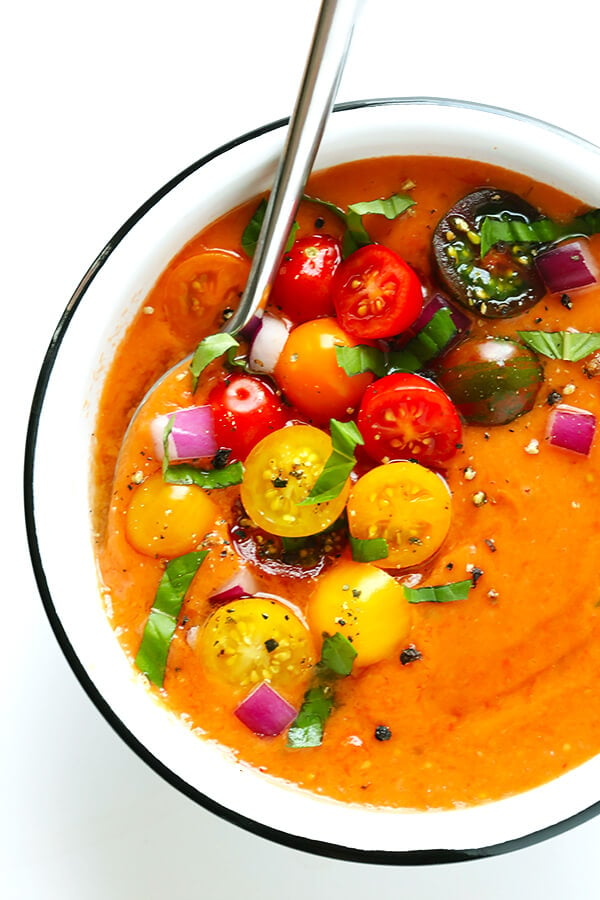 This 10-Minute Gazpacho Recipe is easy to customize with whatever veggies you have on hand, it's easy to make ahead of time, and it's absolutely delicious! | gimmesomeoven.com (Vegetarian / Gluten-Free)