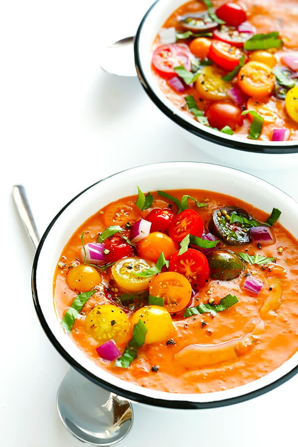 This 10-Minute Gazpacho Recipe is easy to customize with whatever veggies you have on hand, it's easy to make ahead of time, and it's absolutely delicious! | gimmesomeoven.com (Vegetarian / Gluten-Free)