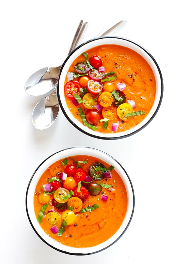 This 10-Minute Gazpacho Recipe is easy to customize with whatever veggies you have on hand, it's easy to make ahead of time, and it's absolutely delicious! | gimmesomeoven.com (Vegetarian / Gluten-Free)