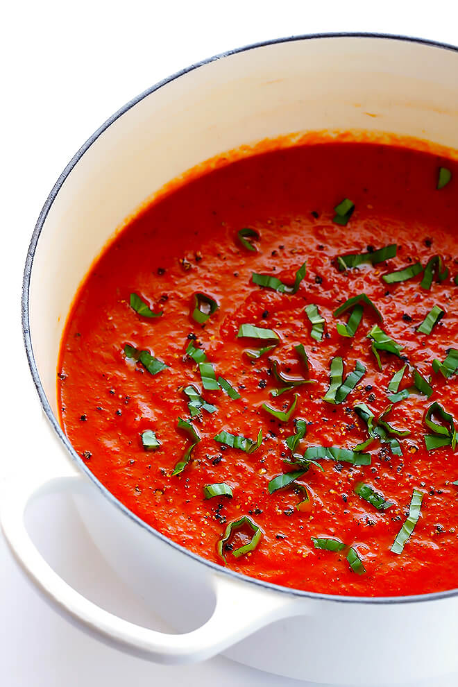 This 20-Minute Tomato Soup recipe is quick and easy to make, made with lots of fresh basil and garlic, and absolutely delicious! | gimmesomeoven.com (Vegan / Vegetarian / Gluten-Free)