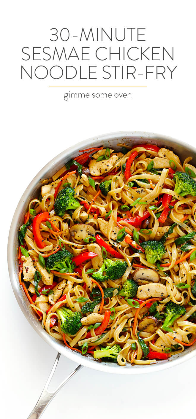 This 30-Minute Sesame Chicken Noodle Stir-Fry recipe is quick and easy to make, easy to customize with whatever fresh veggies or greens you have on hand, and it's tossed with the most delicious sesame-soy vinaigrette! | gimmesomeoven.com