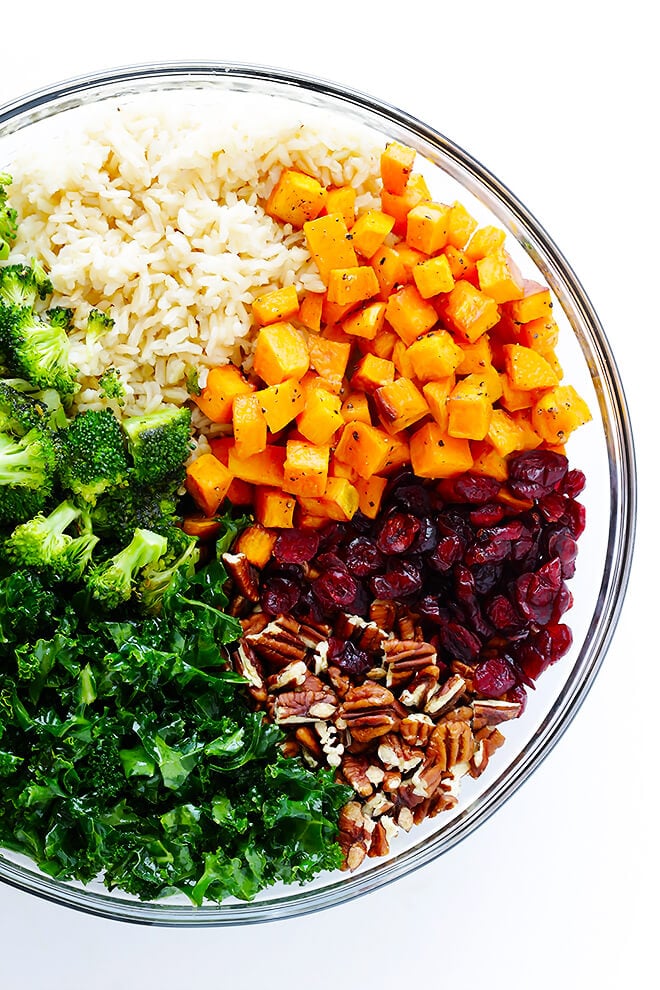 http://www.beincooking.com/ Autumn Kale Salad with Sweet Potatoes, Broccoli and Brown Rice -- a hearty, easy dinner made with my favorite fall flavors! | gimmesomeoven.com