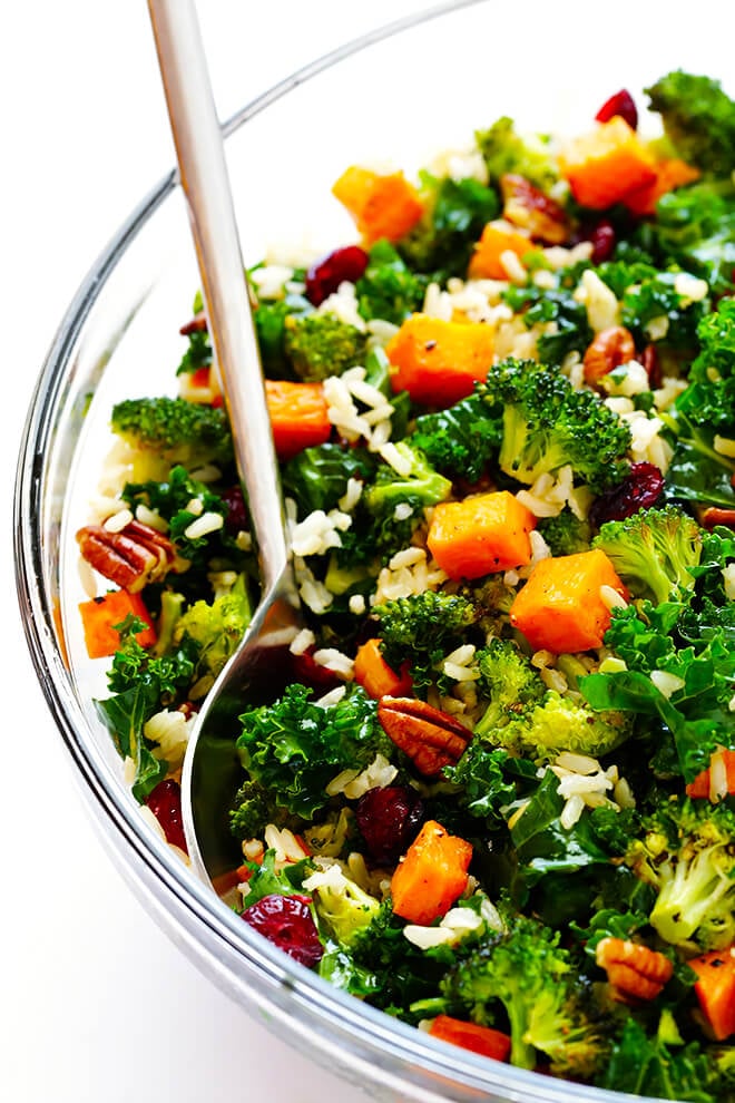 Autumn Kale Salad with Sweet Potatoes, Broccoli and Brown Rice -- a hearty, easy dinner made with my favorite fall flavors! | gimmesomeoven.com