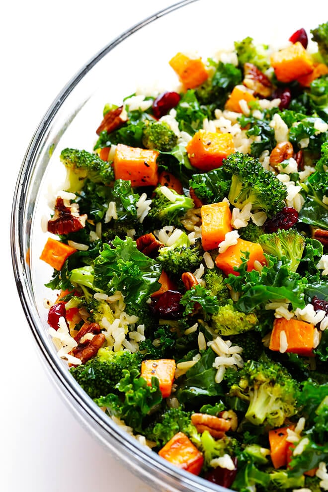 Autumn Kale Salad with Sweet Potatoes, Broccoli and Brown Rice -- a hearty, easy dinner made with my favorite fall flavors! | gimmesomeoven.com