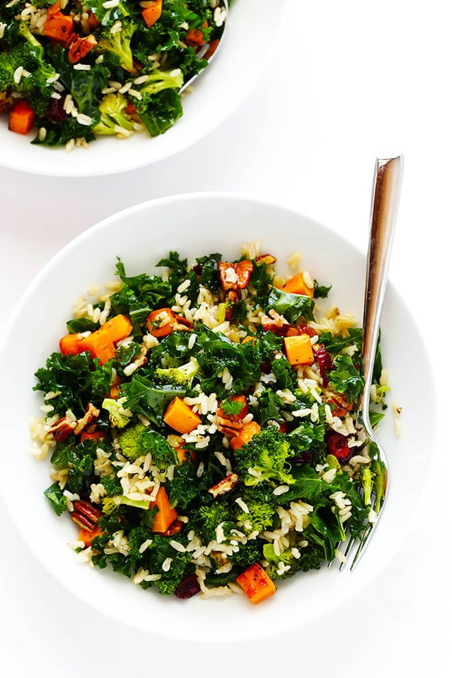 Autumn Kale Salad with Sweet Potatoes, Broccoli and Brown Rice -- a hearty, easy dinner made with my favorite fall flavors! | gimmesomeoven.com