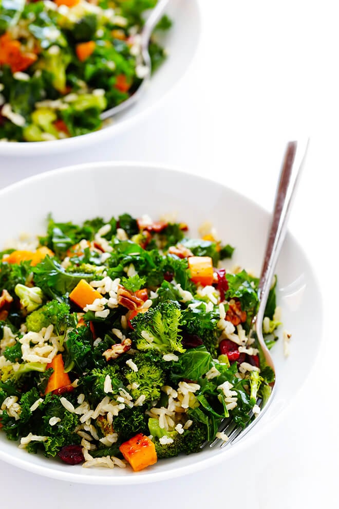 Autumn Kale Salad with Sweet Potatoes, Broccoli and Brown Rice -- a hearty, easy dinner made with my favorite fall flavors! | gimmesomeoven.com