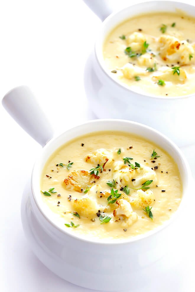 This Creamy Cauliflower Soup recipe is comfort food you can feel GOOD about. It's made with healthier ingredients, it's quick and easy to make, and it is so comforting and tasty. | gimmesomeoven.com (Vegan | Gluten-Free)