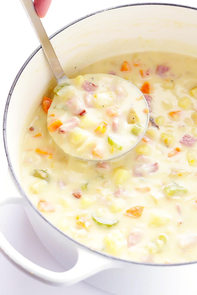 This Creamy Ham and Potato Soup recipe is easy to make, ready to go in about 30 minutes, and SO flavorful and creamy and delicious!