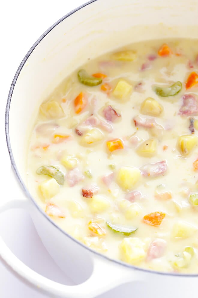 This Creamy Ham and Potato Soup recipe is easy to make, ready to go in about 30 minutes, and SO flavorful and creamy and delicious!