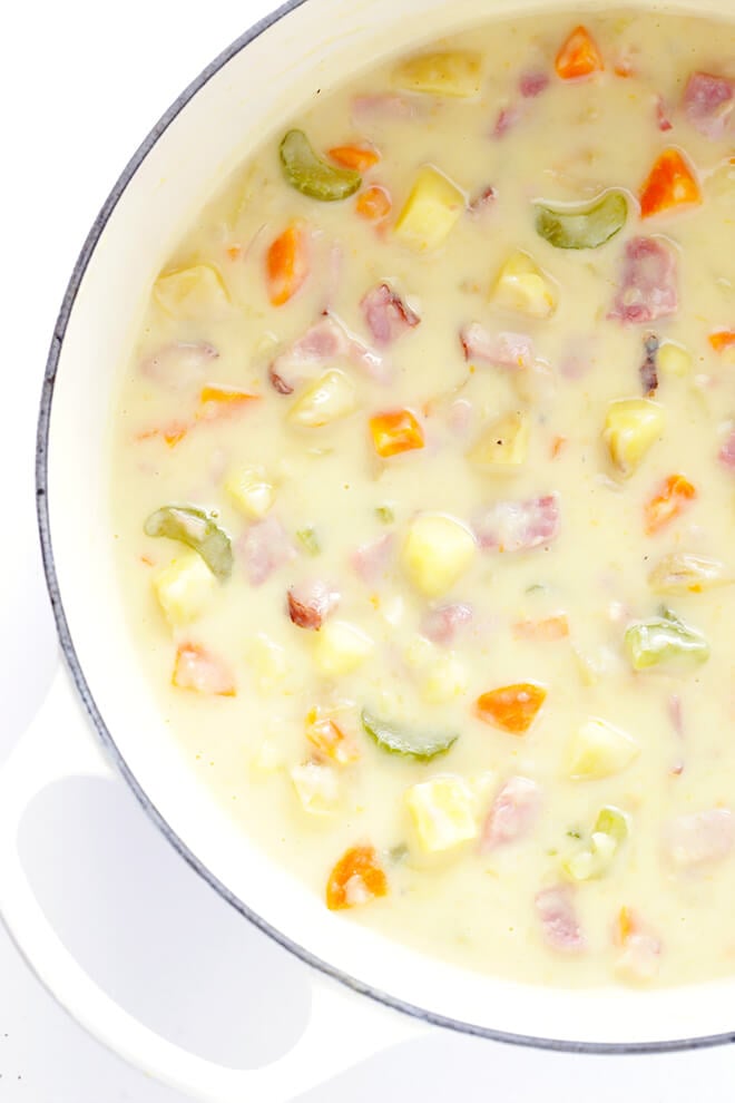 This Creamy Ham and Potato Soup recipe is easy to make, ready to go in about 30 minutes, and SO flavorful and creamy and delicious!