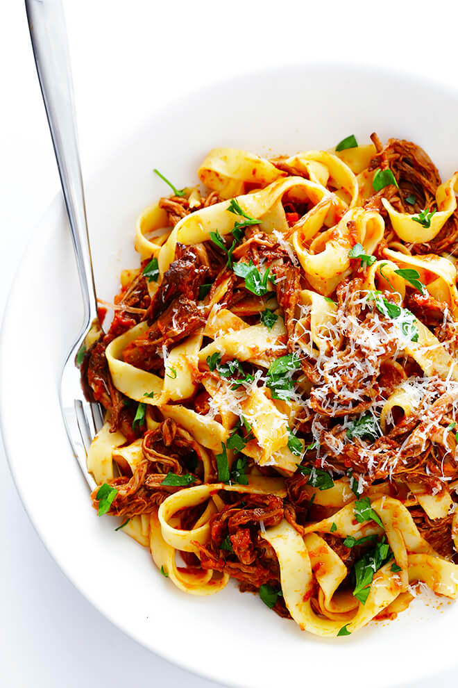 This Slow Cooker Beef Ragu is quick and easy to prep, and slow-simmered in the most AMAZING tomato sauce. Serve it over pasta, polenta, or whatever sounds good. | gimmesomeoven.com