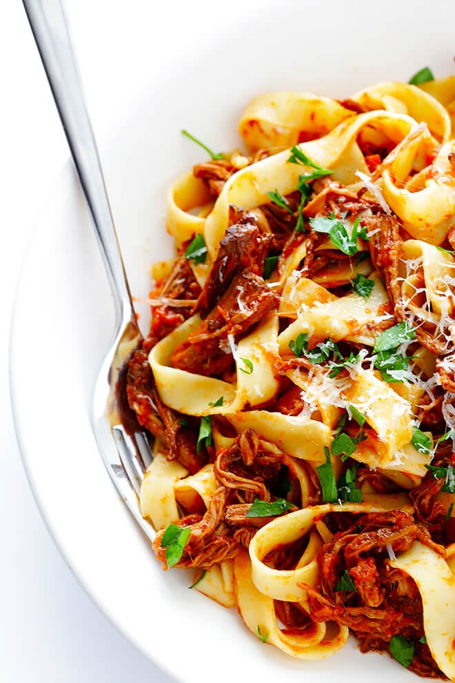 This Slow Cooker Beef Ragu is quick and easy to prep, and slow-simmered in the most AMAZING tomato sauce. Serve it over pasta, polenta, or whatever sounds good. | gimmesomeoven.com