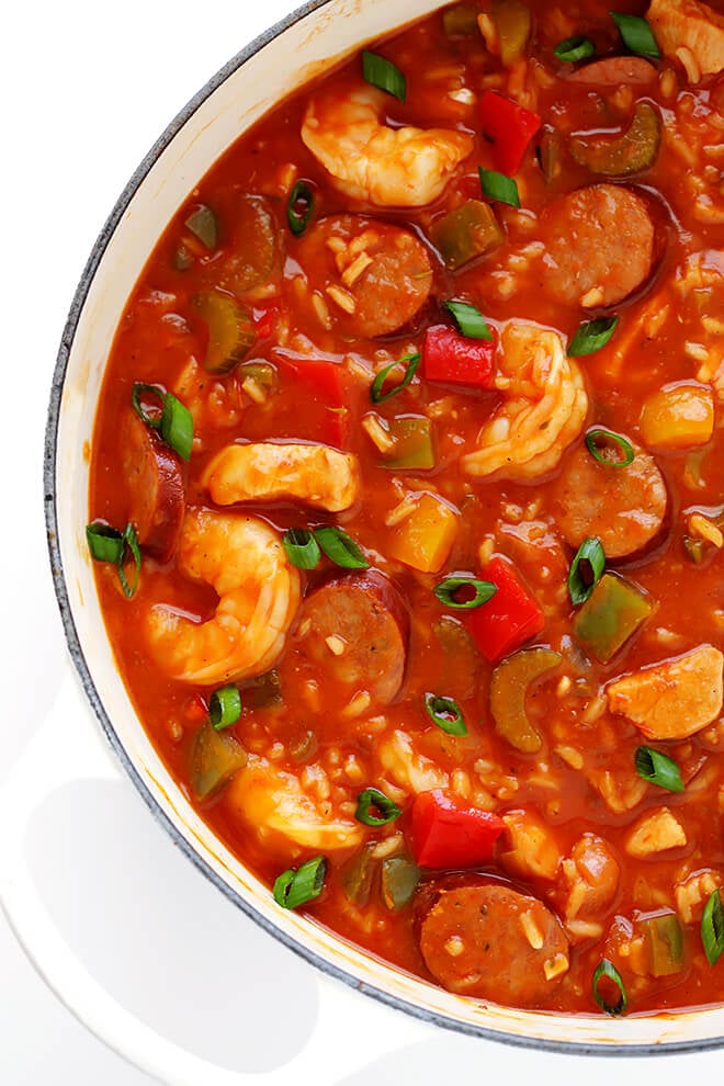 This Jambalaya Soup recipe can be made with shrimp, chicken, Andouille sausage -- or all three! It's easy to make, and so hearty and delicious. | gimmesomeoven.com