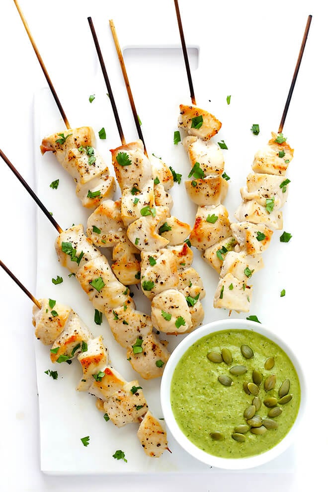 Chicken with Pumpkin Seed Sauce -- made with a yummy pepitas-tomatillo dipping sauce that is easy to make and full of the BEST flavors! | gimmesomeoven.com