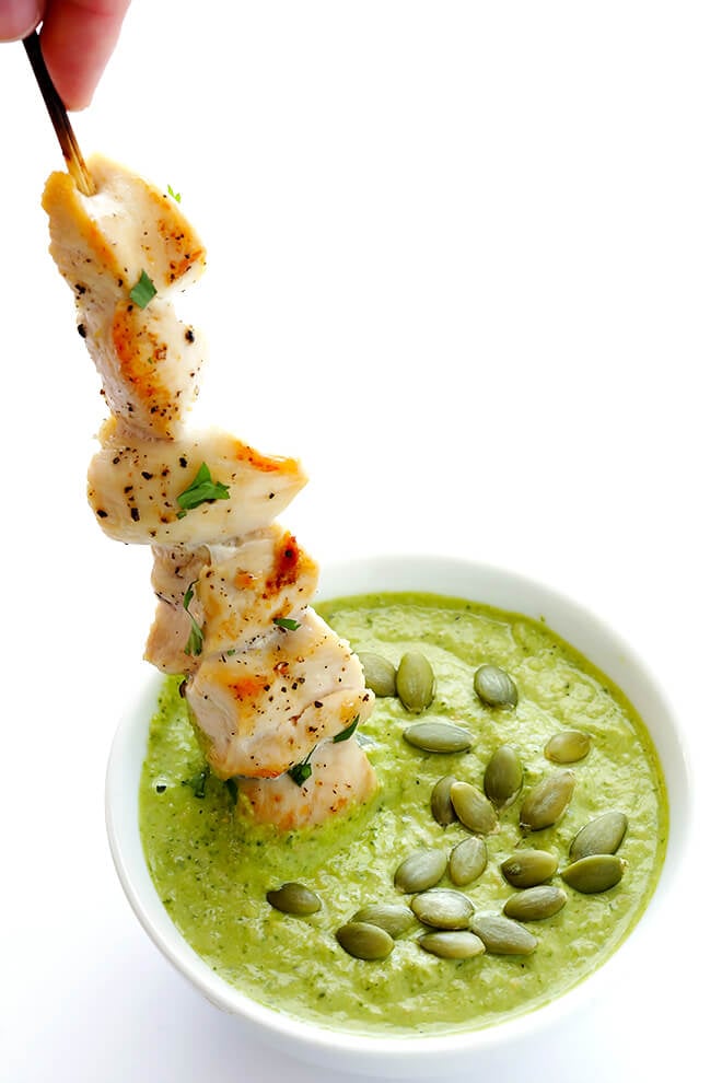 Chicken with Pumpkin Seed Sauce -- made with a yummy pepitas-tomatillo dipping sauce that is easy to make and full of the BEST flavors! | gimmesomeoven.com