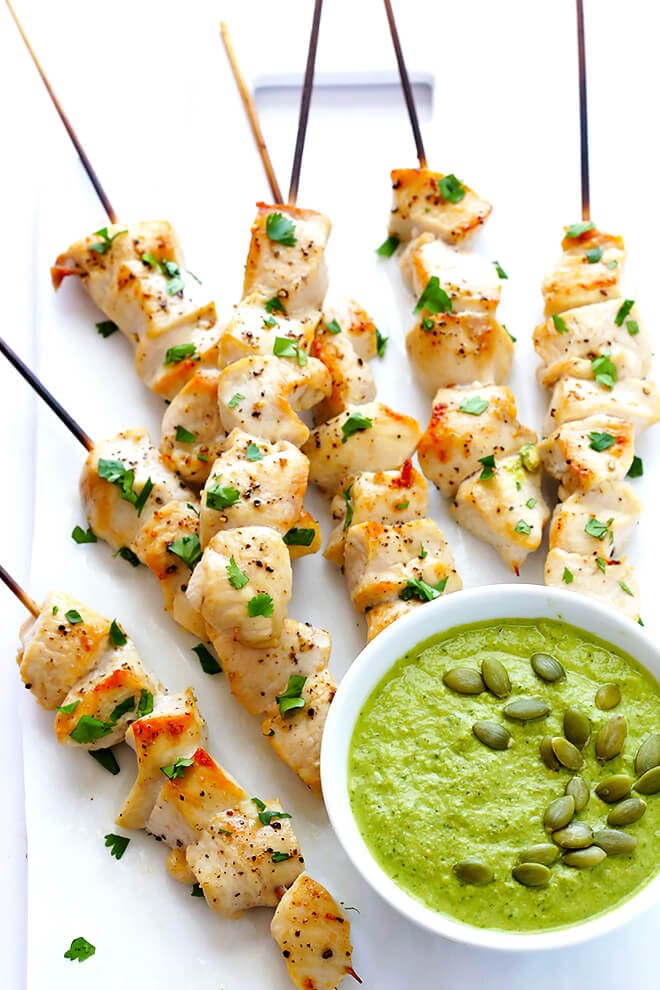 Chicken with Pumpkin Seed Sauce -- made with a yummy pepitas-tomatillo dipping sauce that is easy to make and full of the BEST flavors! | gimmesomeoven.com