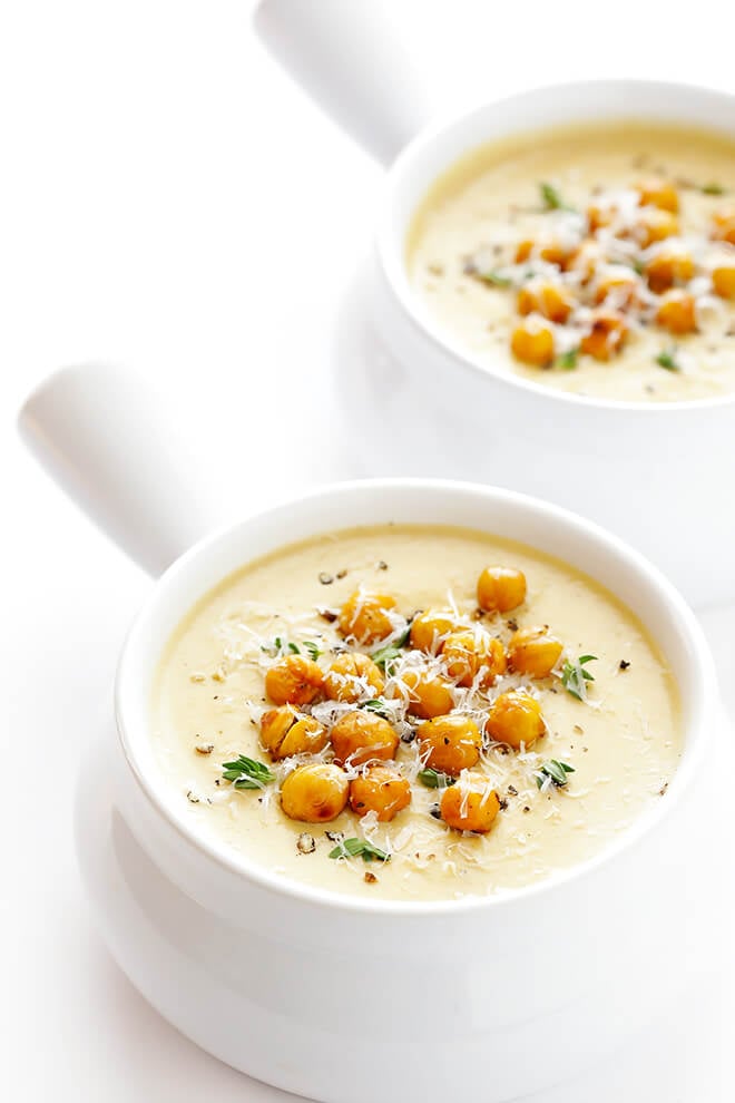 This Creamy Cauliflower Soup recipe is comfort food you can feel GOOD about. It's made with healthier ingredients, it's quick and easy to make, and it is so comforting and tasty. | gimmesomeoven.com (Vegan | Gluten-Free)