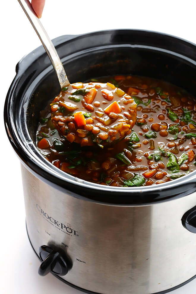 This Slow Cooker Curried Lentil Soup only takes about 10 minutes to prep, then let the crock-pot do the rest of the work to make this delicious, healthier vegetarian comfort food. | gimmesomeoven.com (Gluten-Free / Vegetarian / Vegan)