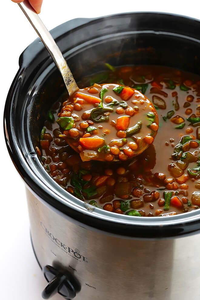 This Slow Cooker Curried Lentil Soup recipe is easy to make in the slow cooker, and so healthy and delicious! | gimmesomeoven.com (Vegetarian / Gluten-Free)