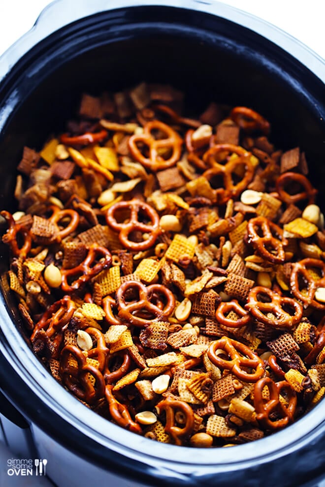 Slow Cooker Chex Mix -- one of 12 ways to rock your crock-pot this Thanksgiving! | gimmesomeoven.com