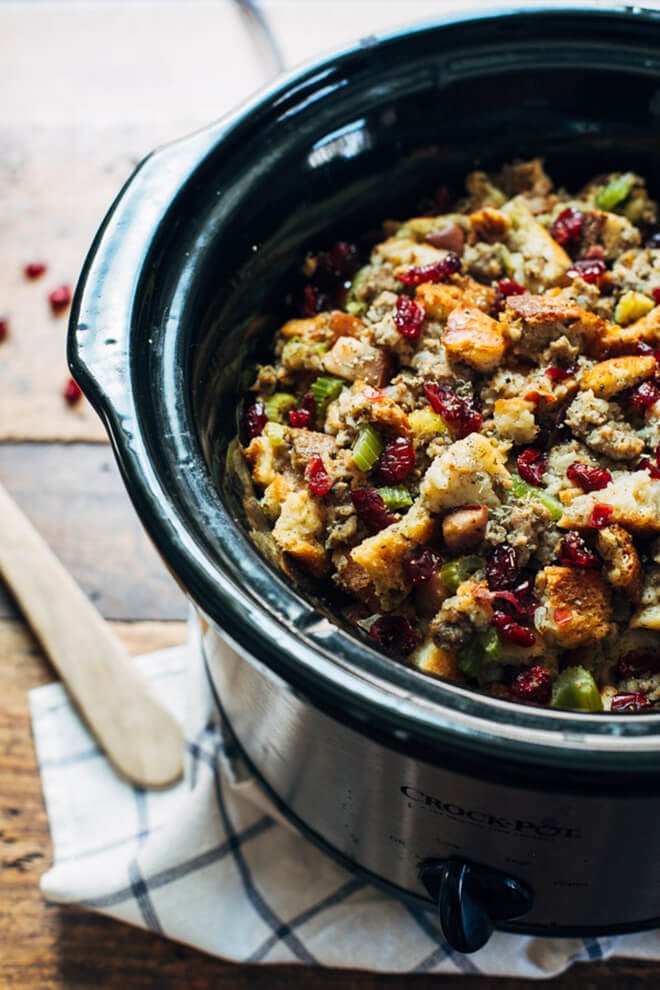 Slow Cooker Pear and Sausae Stuffing -- one of 12 ways to rock your crock-pot this Thanksgiving! | gimmesomeoven.com