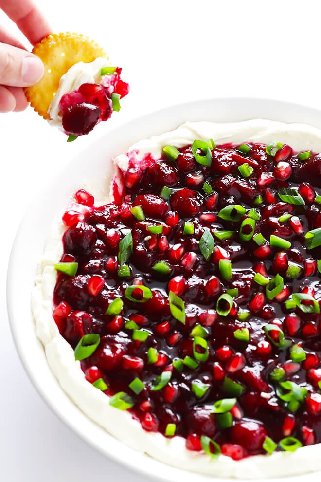 This Very Merry Cranberry Cream Cheese Dip is SUPER easy to make, and the perfect appetizer (or dessert!) for entertaining around Christmas and the holidays! | gimmesomeoven.com